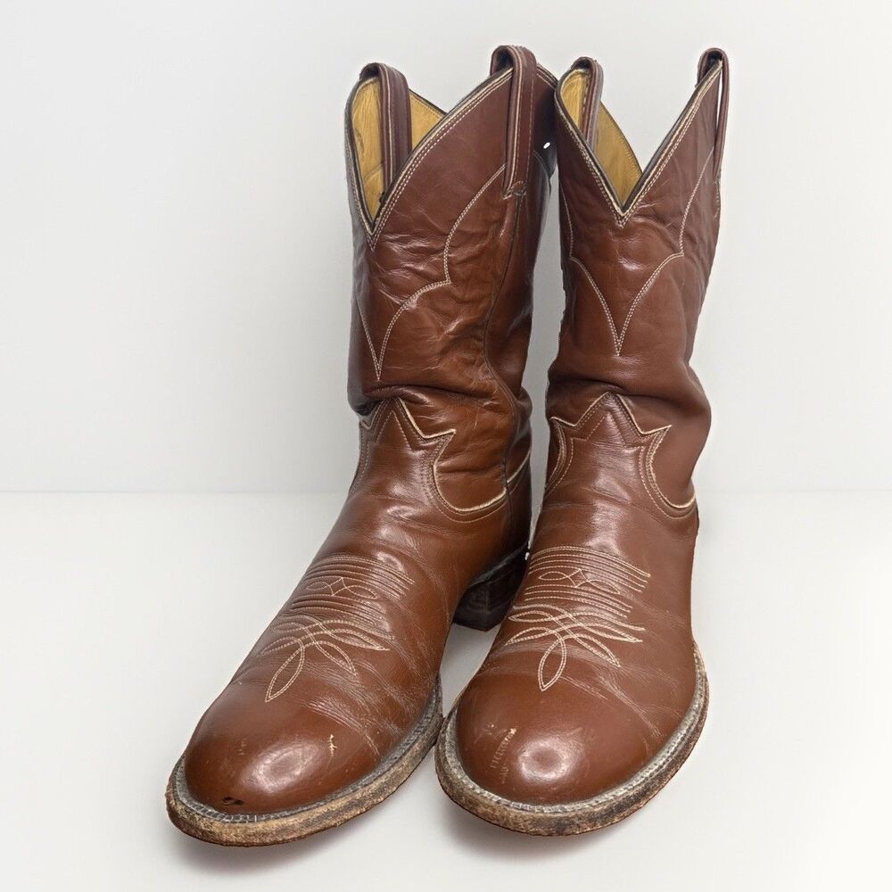 Tony Lama 2017 Leather Cowboy Western Boots Cognac Brown Mens 8.5 D USA Made